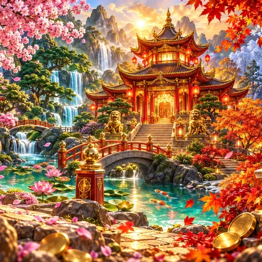 4 Seasons pokie cover art showing a seasonal East Asian landscape reel set