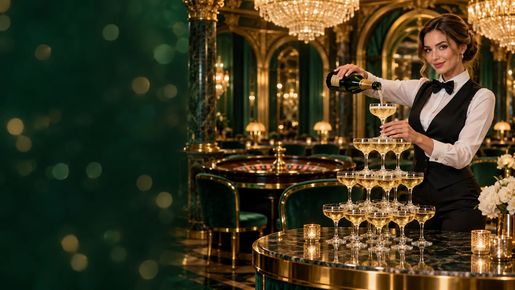 Croupier pouring champagne beside a tower of glasses in a gilded casino hall