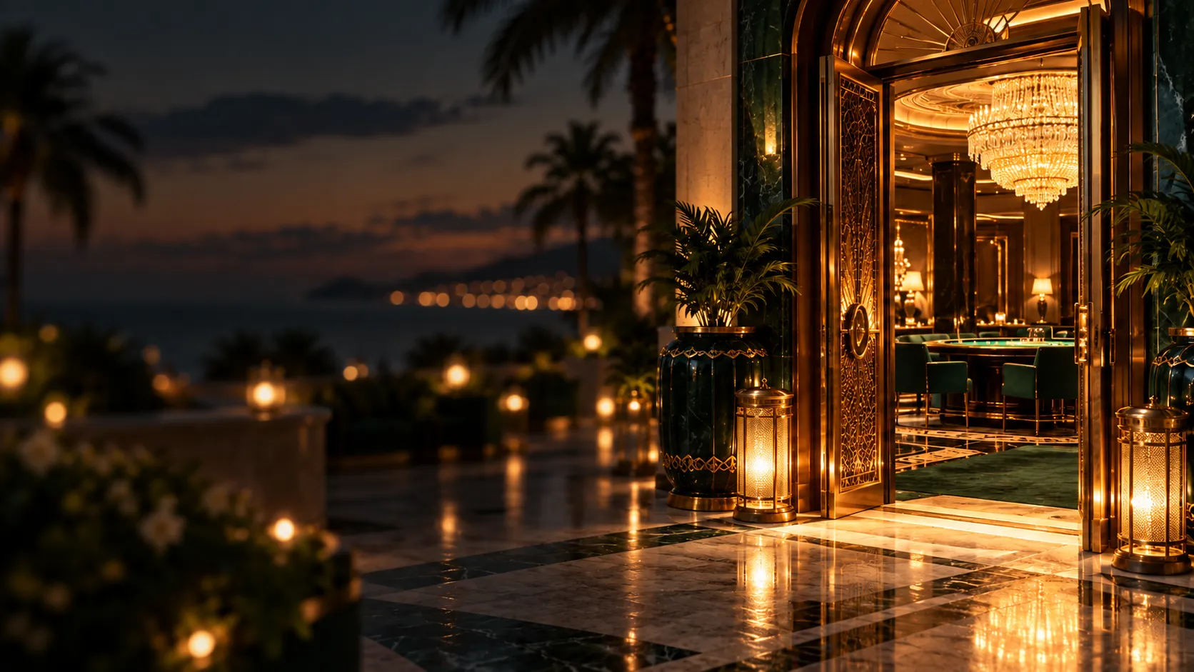 Glowing VIP doorway on a palm-lined casino terrace at dusk