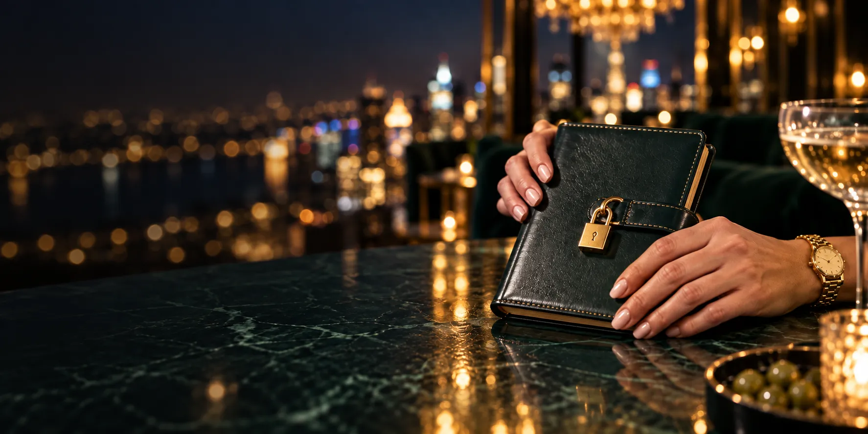 Close-up of hands holding a locked leather diary at a rooftop sky bar