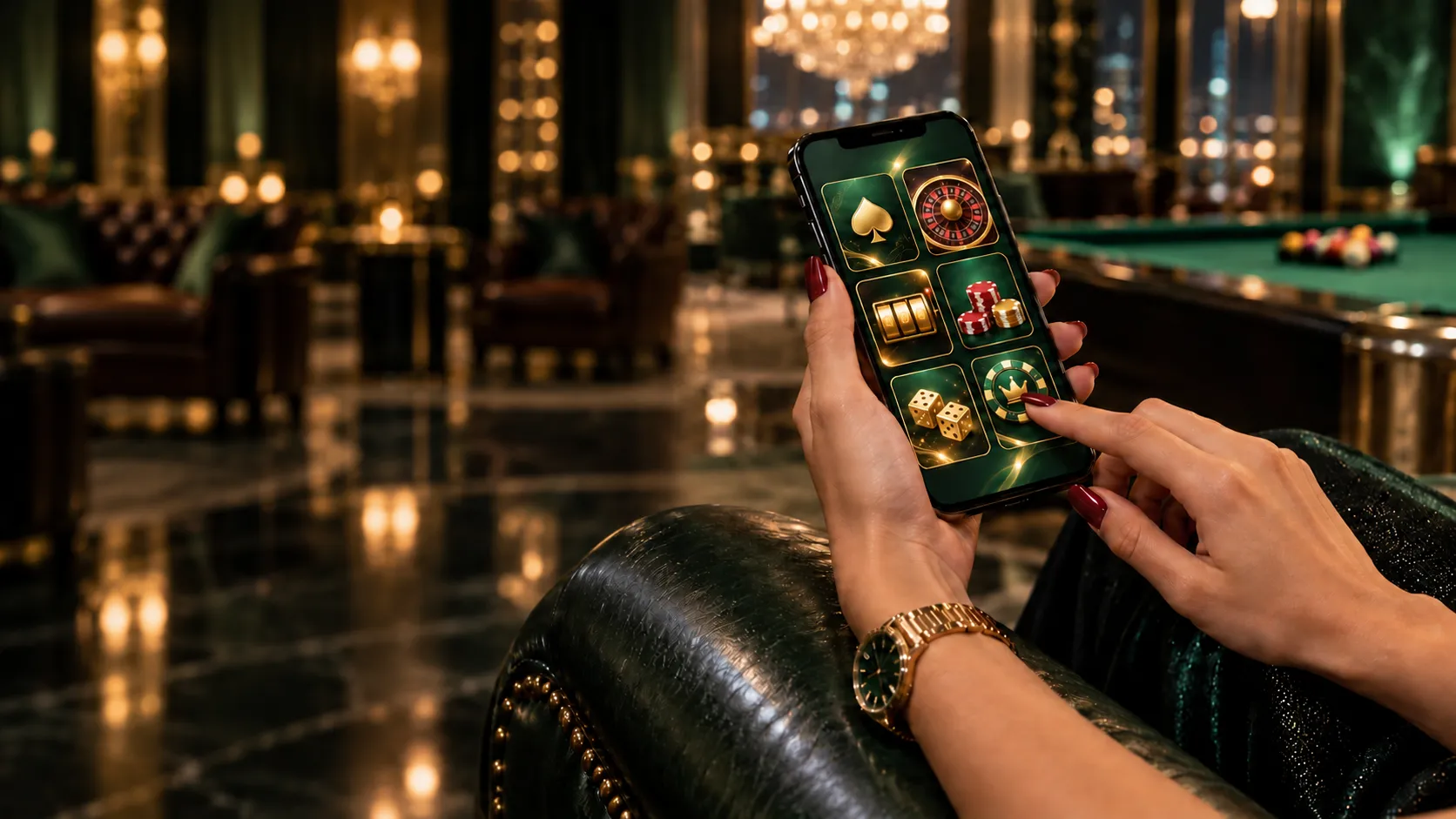 Close-up of hands holding a phone with a glowing casino lobby screen, ready for a Here2Win Casino mobile session