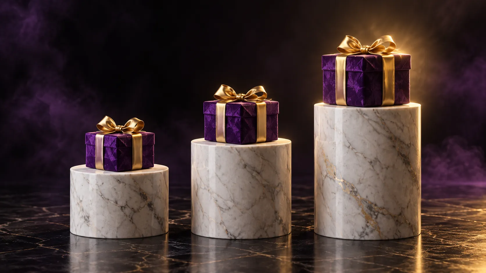 Three plinths representing the staged deposit steps of the Here2Win Casino bonus
