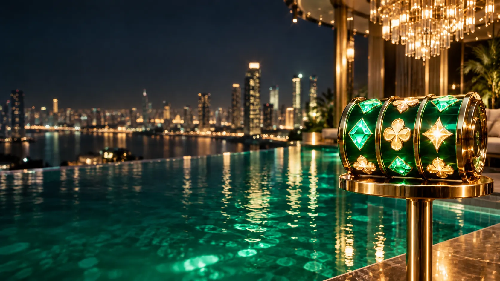 Glowing slot reels on a pedestal beside a rooftop infinity pool at night