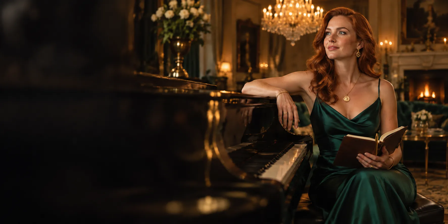 Woman with a notebook and gold pen beside a grand piano in a mansion lounge